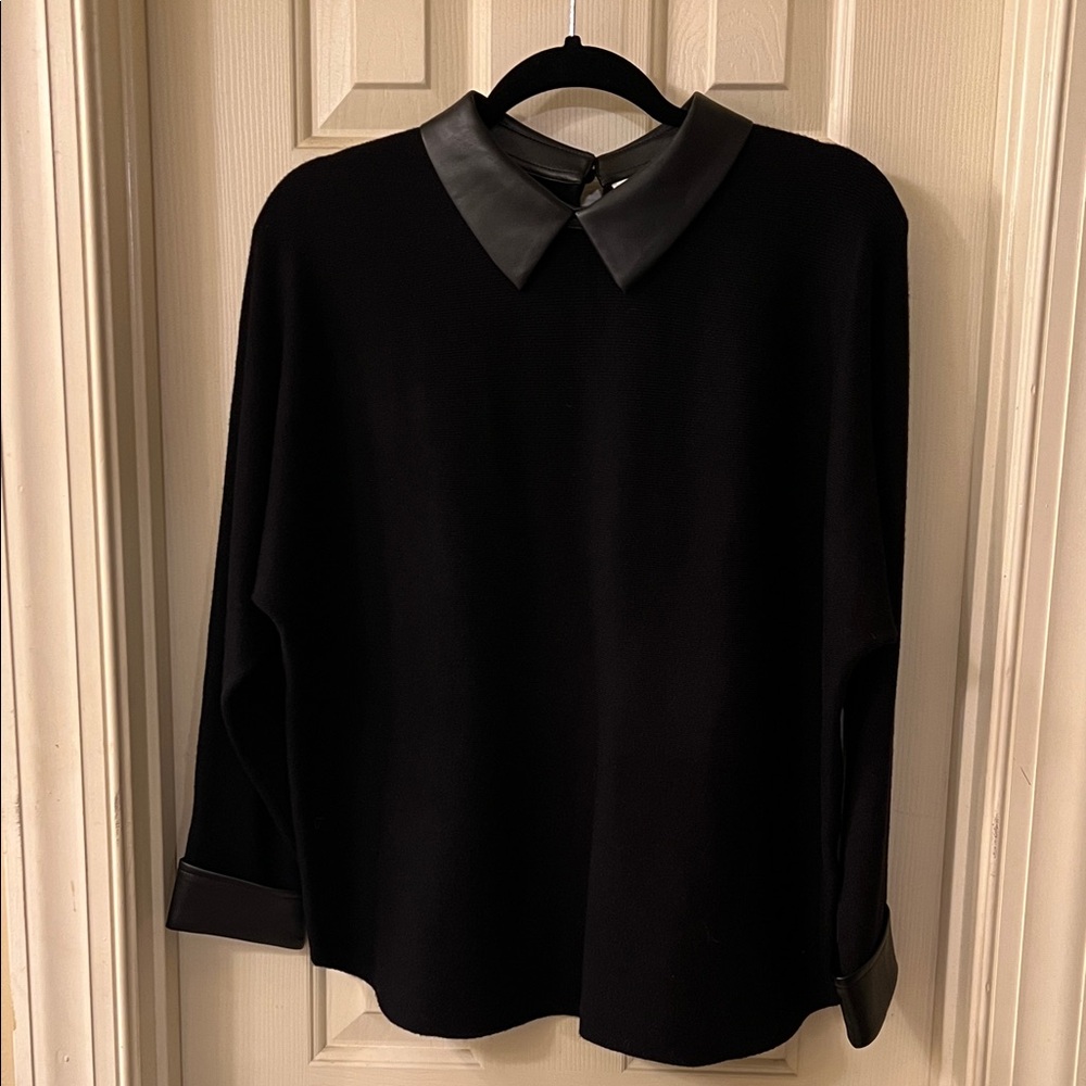Sioni Milano Black Sweater with Faux Leather Collar and cuffs
